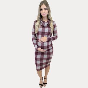 Maroon Plaid Cowl Neck Maternity Dress